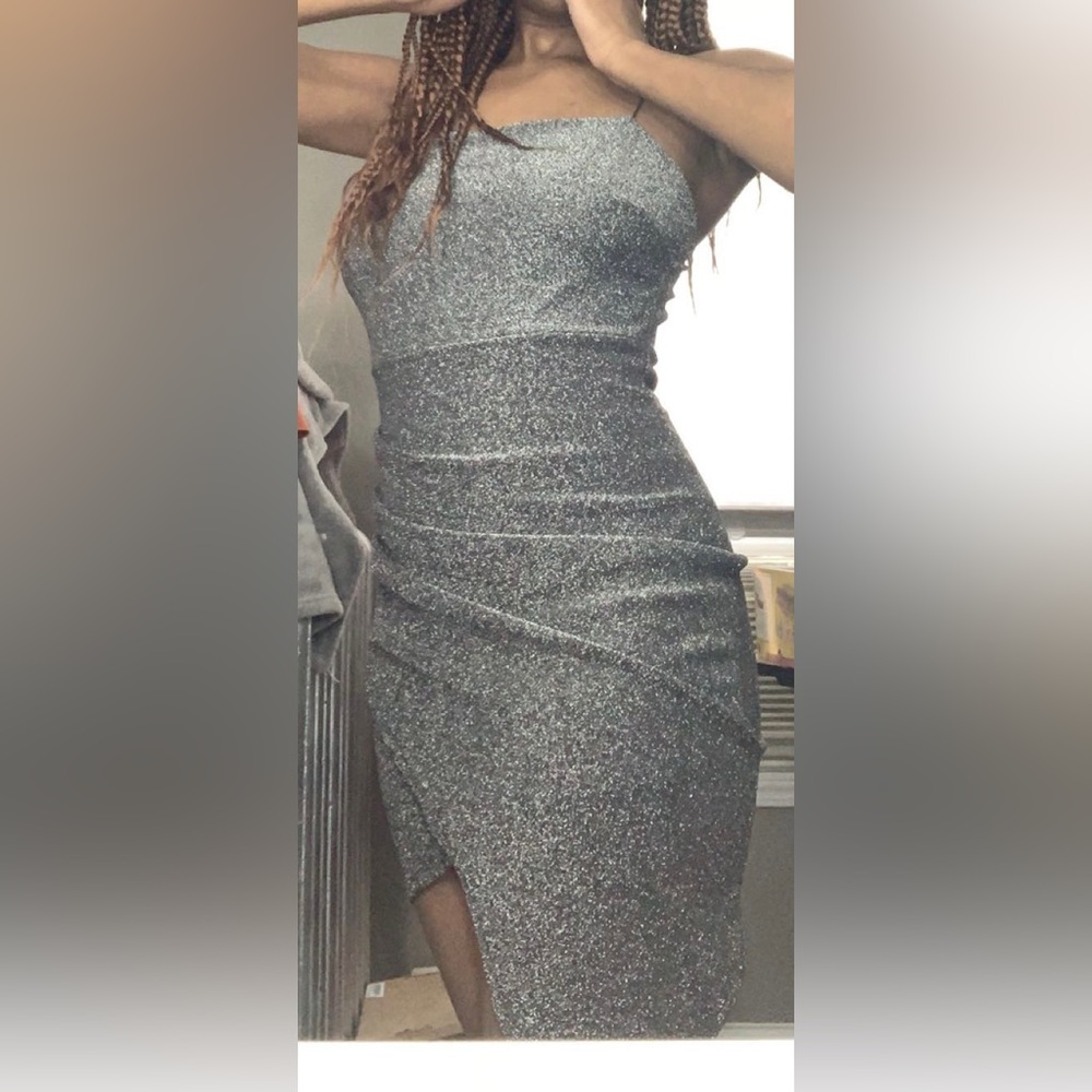 Like Stardust Glitter Surplice Mini Dress